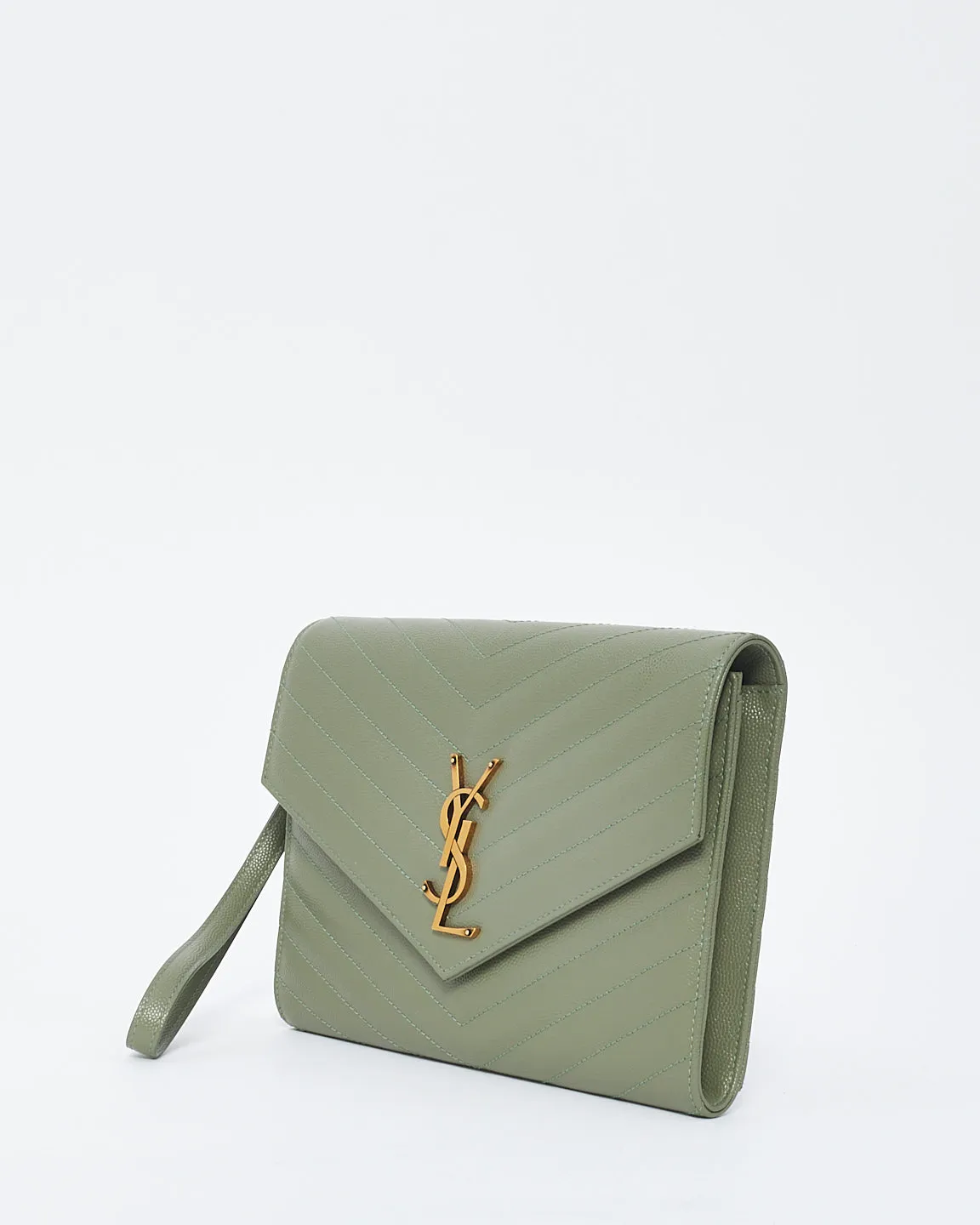 Saint Laurent Sage Green Grained Leather Matlassé Cassandra Clutch
