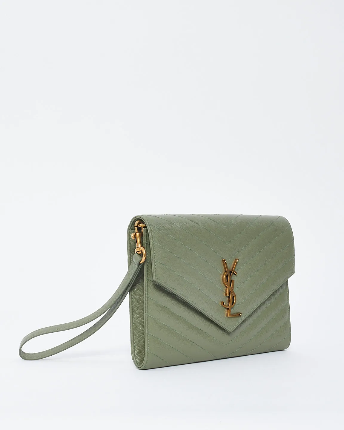 Saint Laurent Sage Green Grained Leather Matlassé Cassandra Clutch