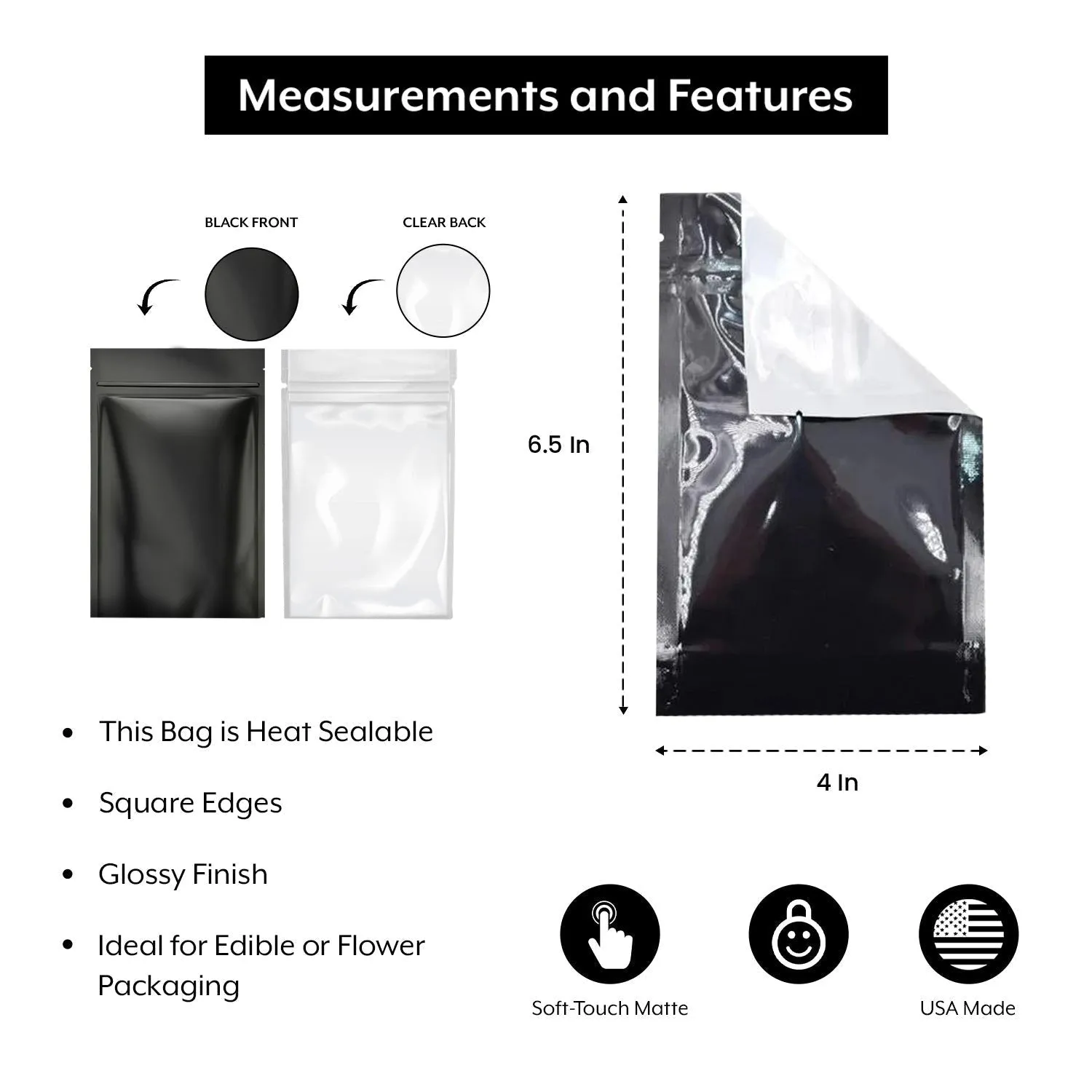 SAMPLE of Mylar Bag Black/Clear - 1/4 Oz - 7 Grams - 4 x 6.5" - (1 Count SAMPLE)