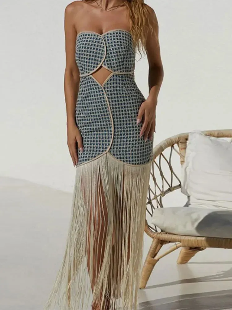 Sexy Cut Out Strapless Tassels Mini Dress