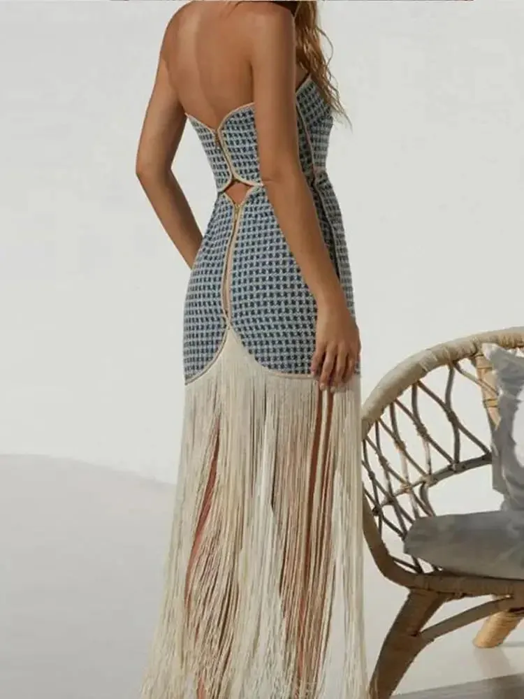 Sexy Cut Out Strapless Tassels Mini Dress