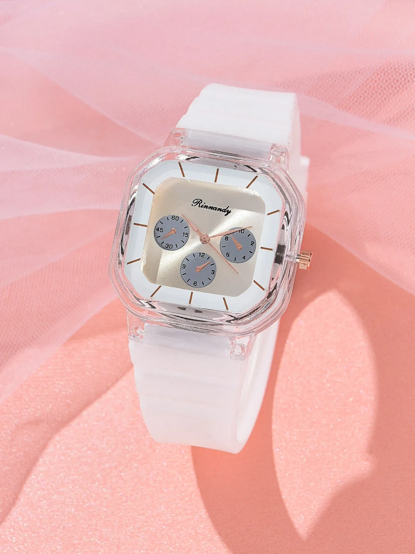 Silicone Strap Square Pointer Quartz Watch - White