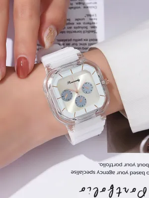 Silicone Strap Square Pointer Quartz Watch - White