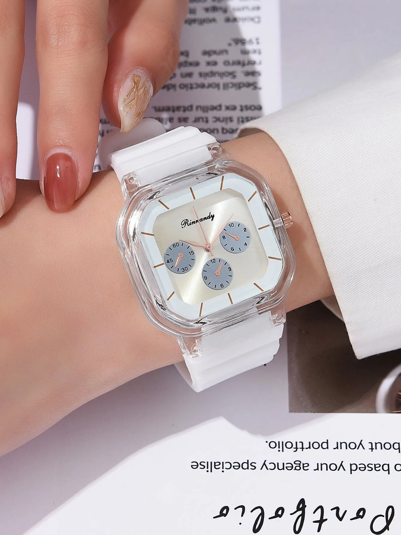 Silicone Strap Square Pointer Quartz Watch - White