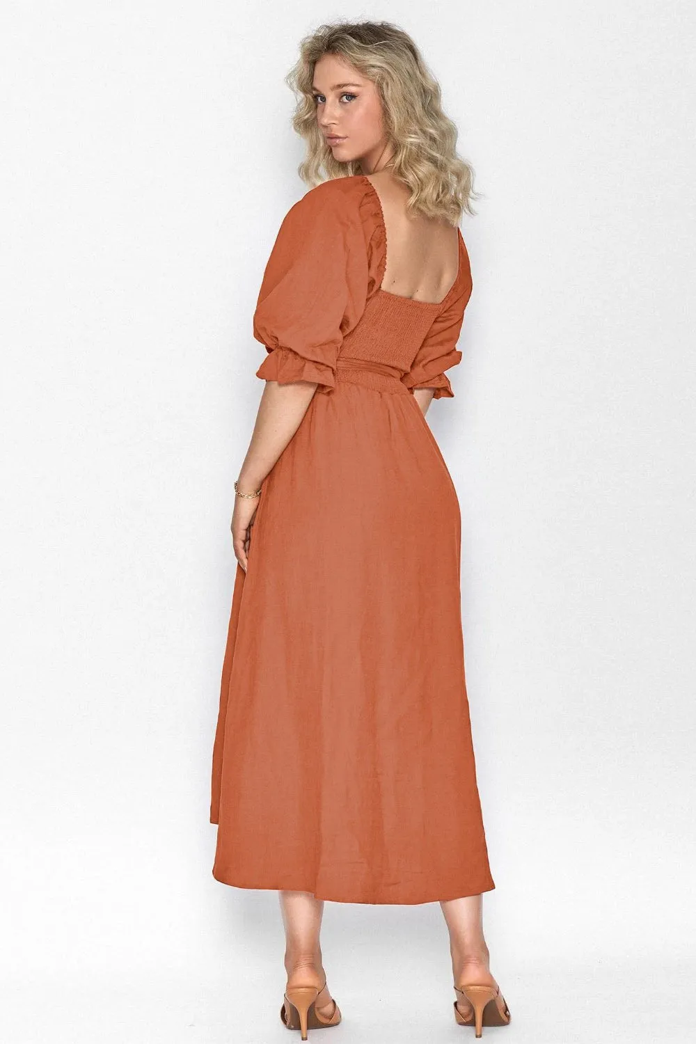 Smocked Tied Flounce Sleeve Midi Dress