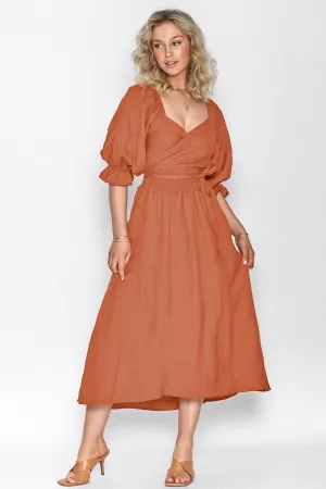 Smocked Tied Flounce Sleeve Midi Dress