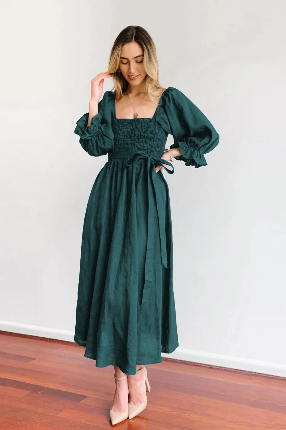 Smocked Tied Flounce Sleeve Midi Dress