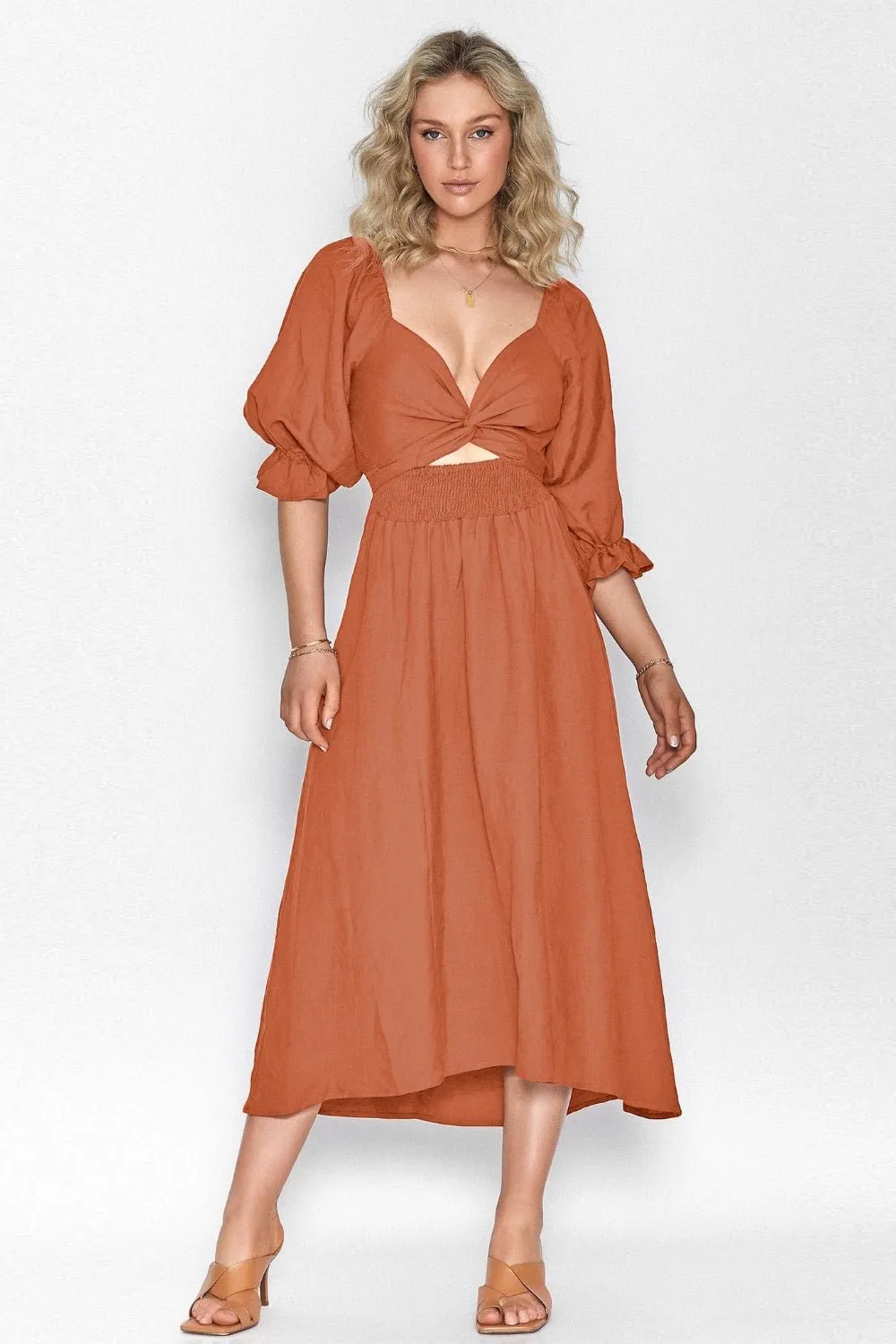 Smocked Tied Flounce Sleeve Midi Dress