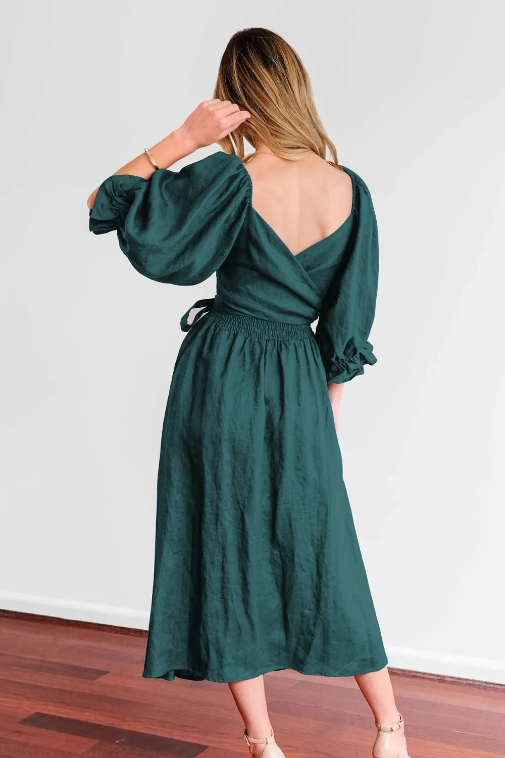 Smocked Tied Flounce Sleeve Midi Dress