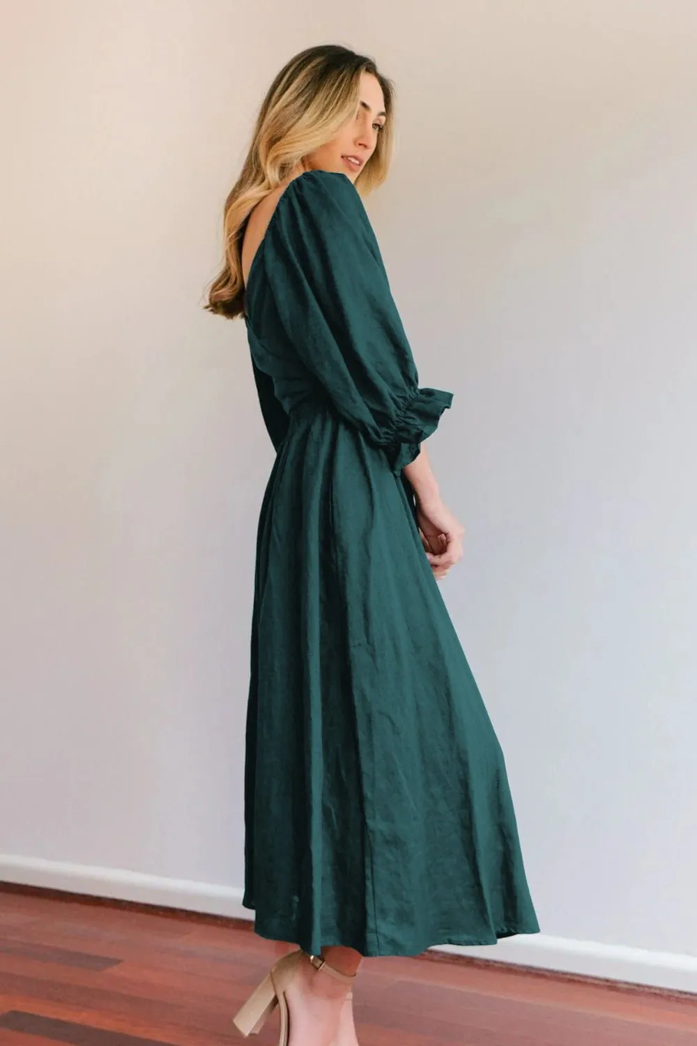 Smocked Tied Flounce Sleeve Midi Dress