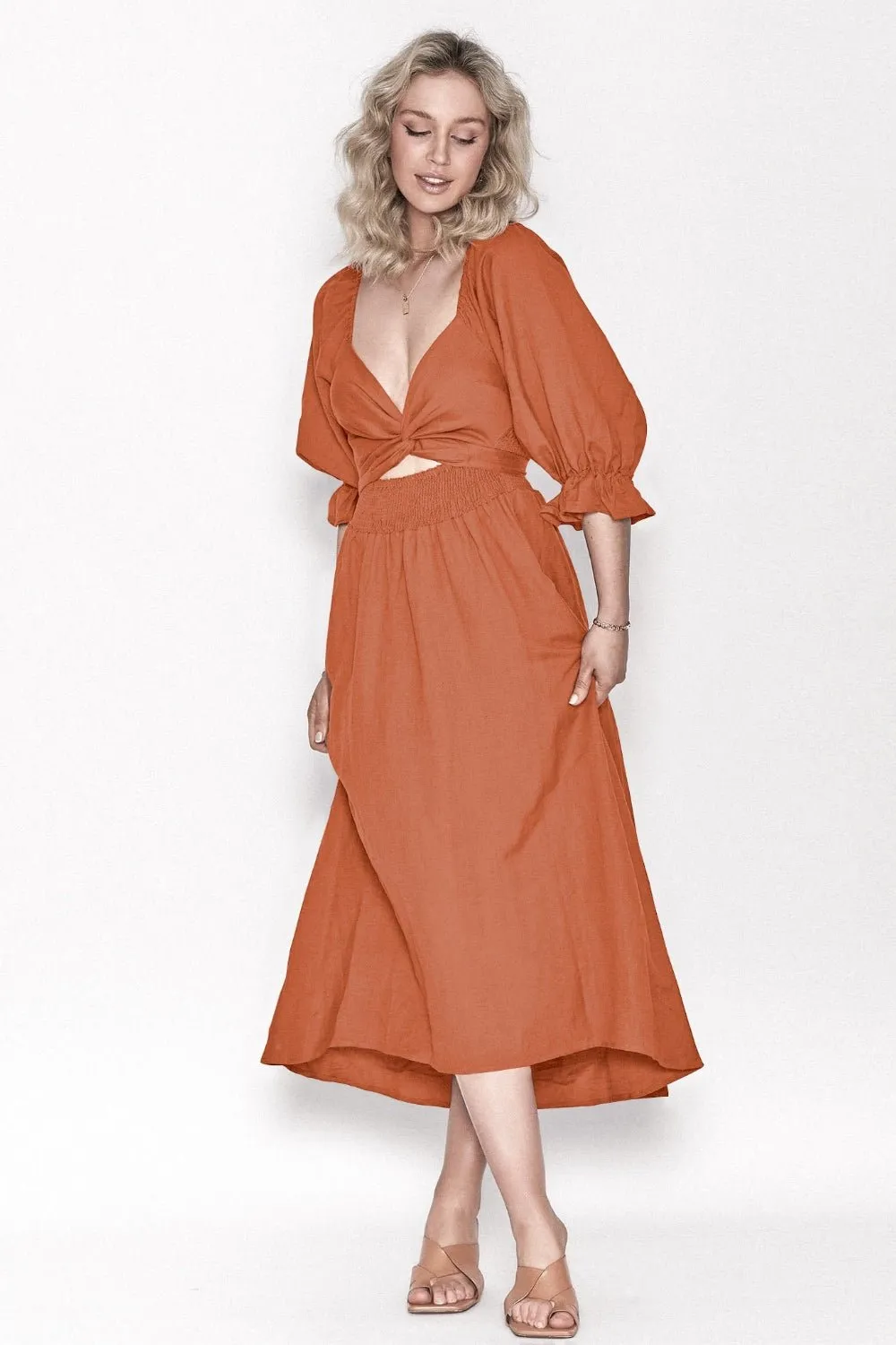 Smocked Tied Flounce Sleeve Midi Dress