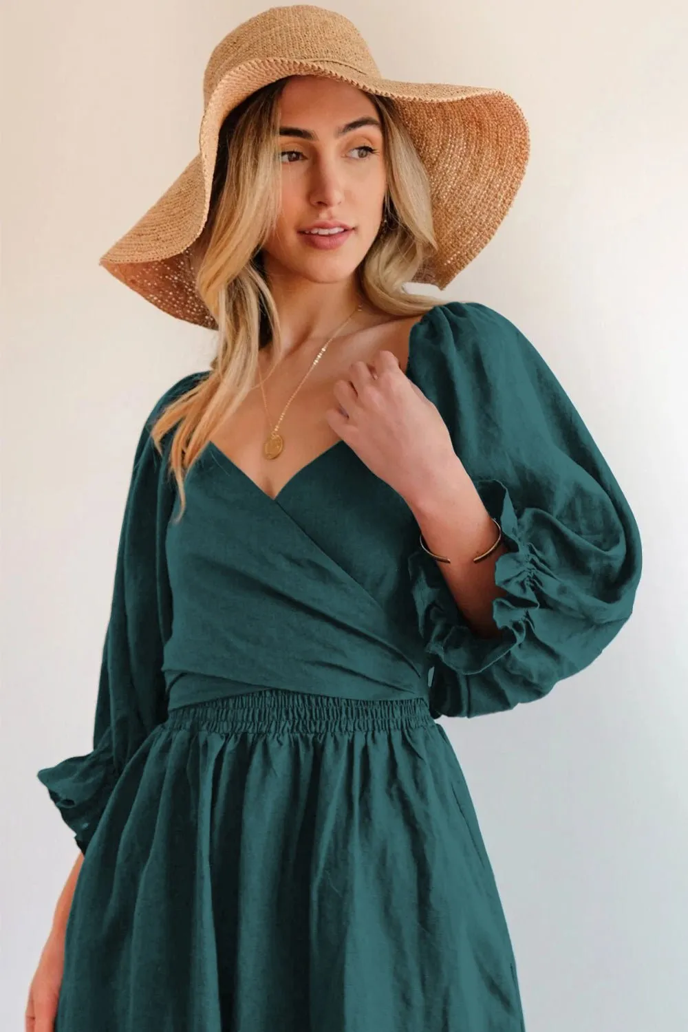 Smocked Tied Flounce Sleeve Midi Dress
