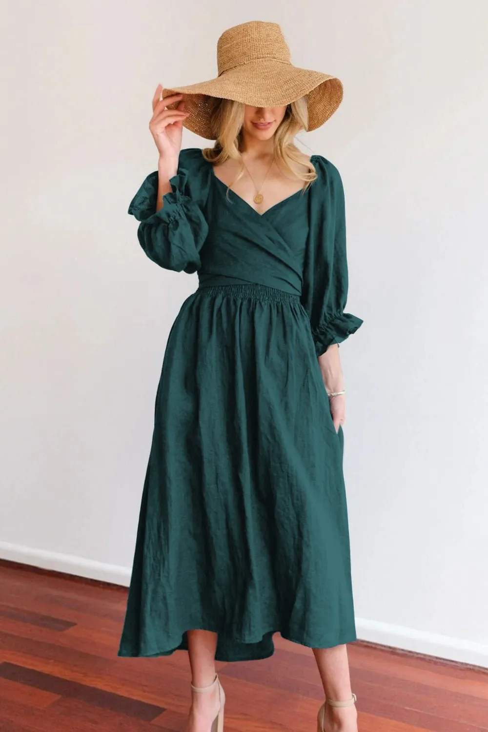 Smocked Tied Flounce Sleeve Midi Dress