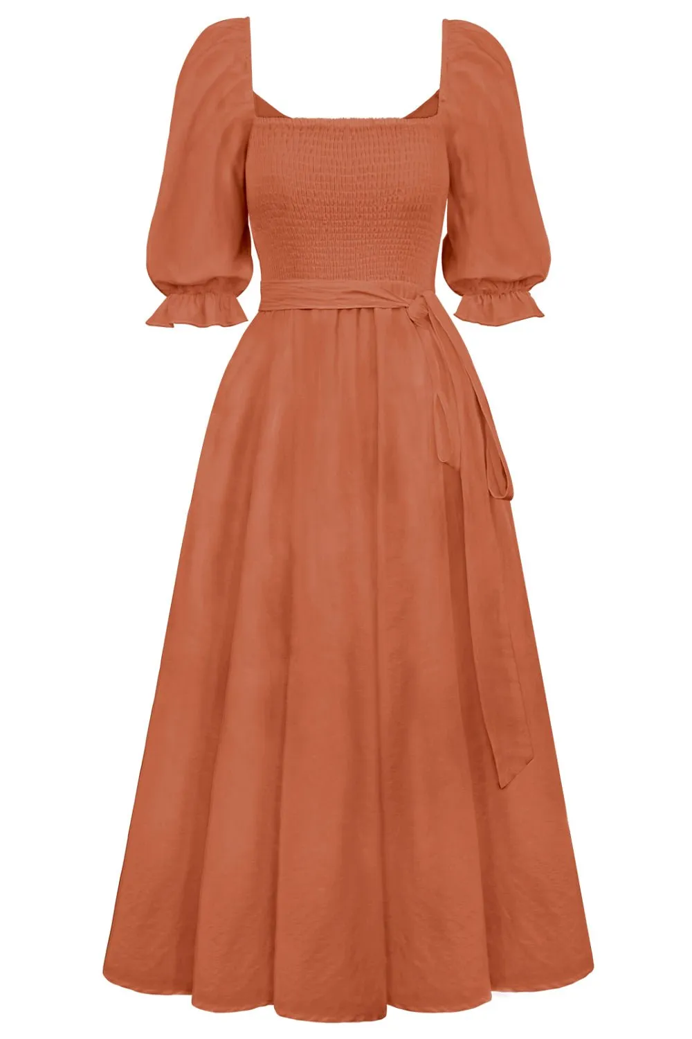 Smocked Tied Flounce Sleeve Midi Dress