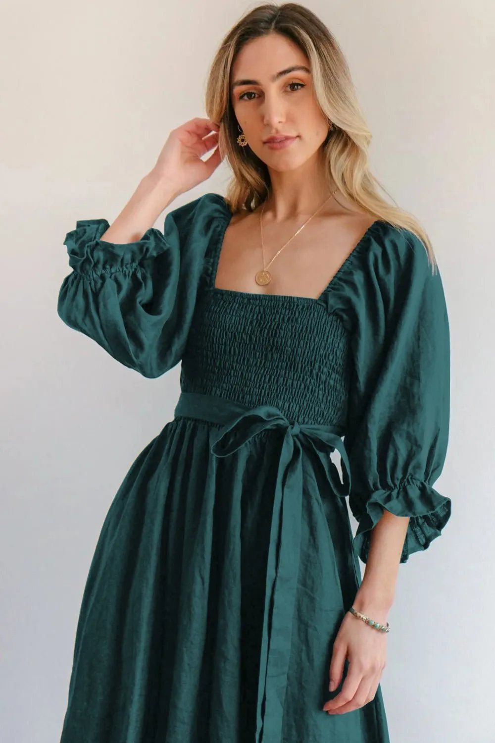 Smocked Tied Flounce Sleeve Midi Dress