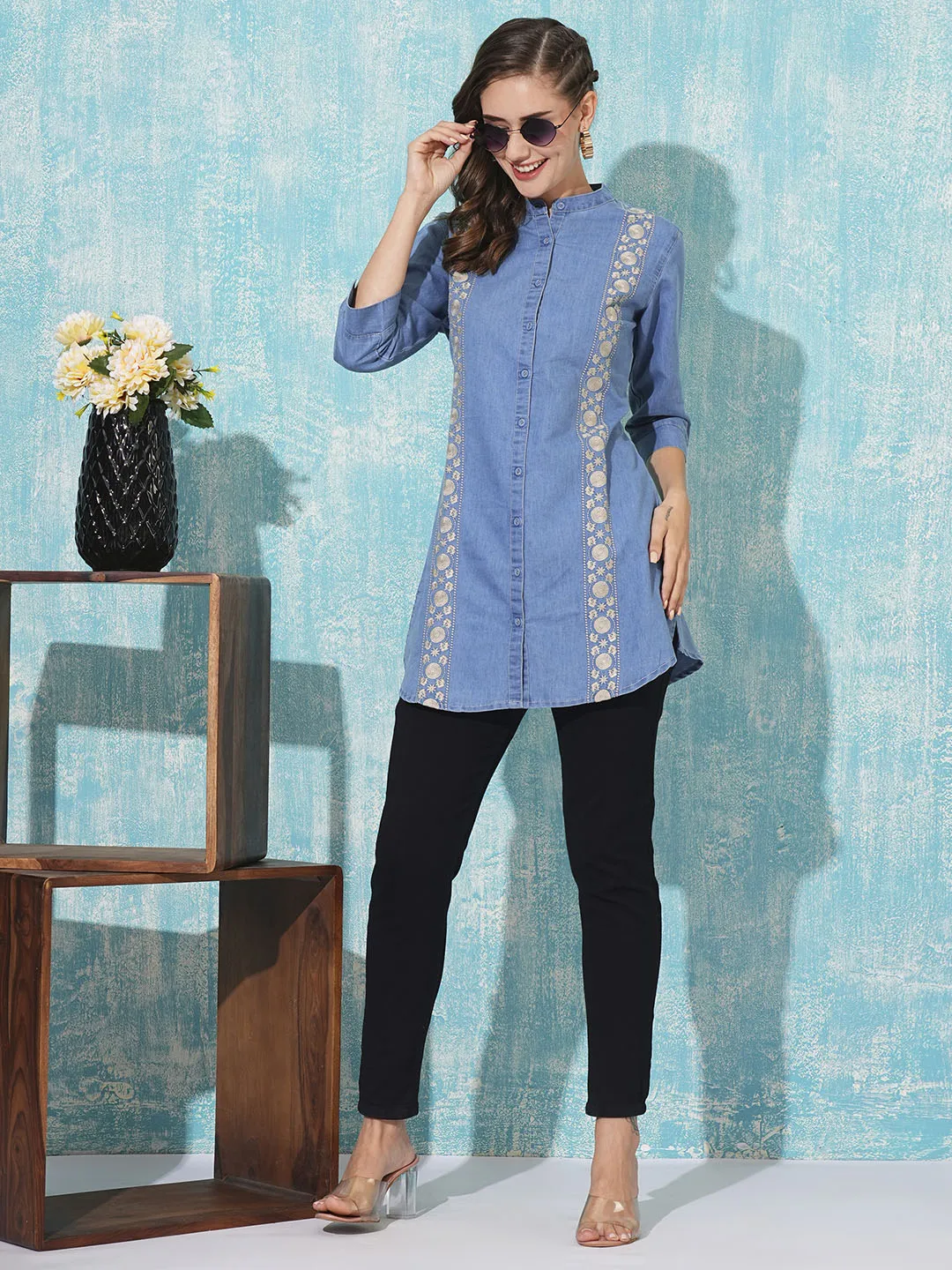 Stone Mandarin Collar Straight Denim Tunic for Women Online - Zola