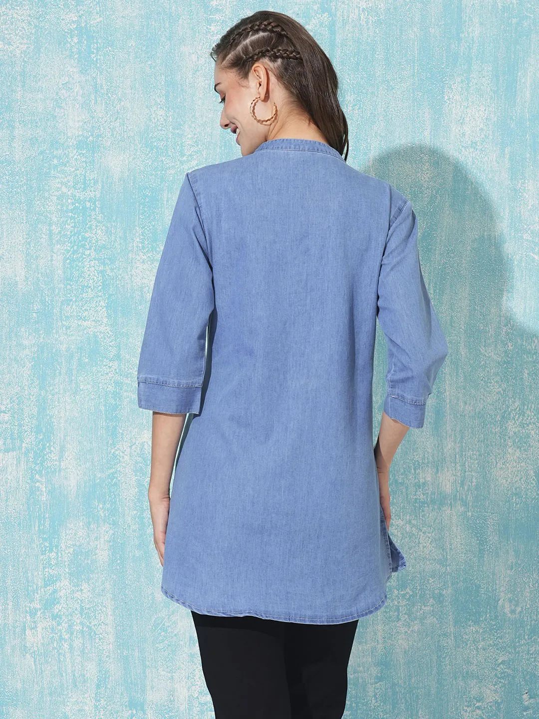 Stone Mandarin Collar Straight Denim Tunic for Women Online - Zola