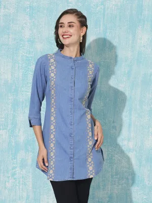 Stone Mandarin Collar Straight Denim Tunic for Women Online - Zola