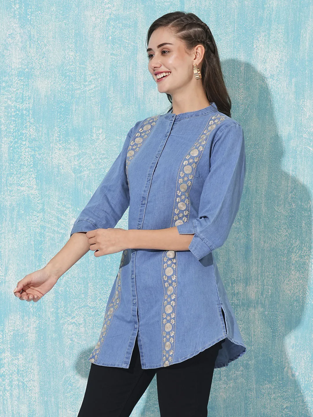 Stone Mandarin Collar Straight Denim Tunic for Women Online - Zola