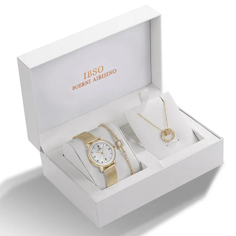 Stunning! IBSO Crystal Design Bracelet Necklace Watch Jewelry Set