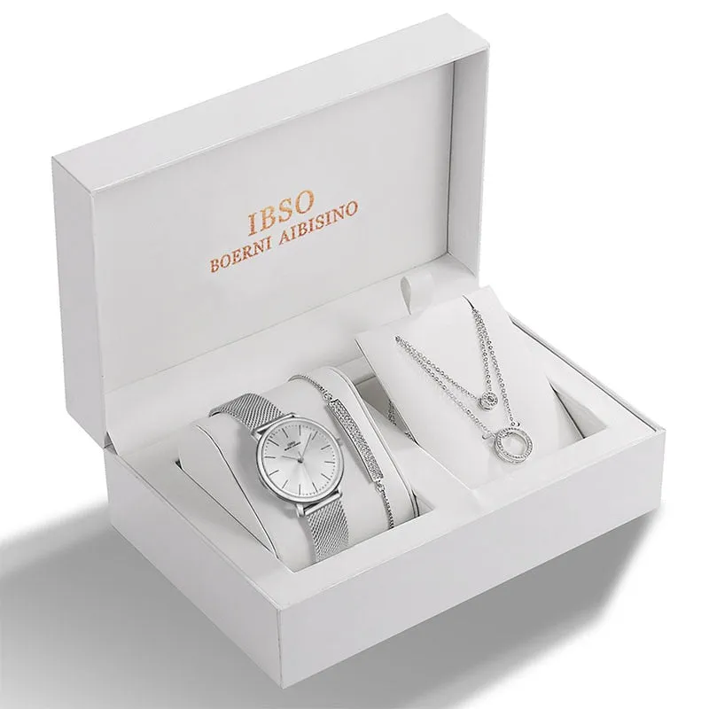 Stunning! IBSO Crystal Design Bracelet Necklace Watch Jewelry Set