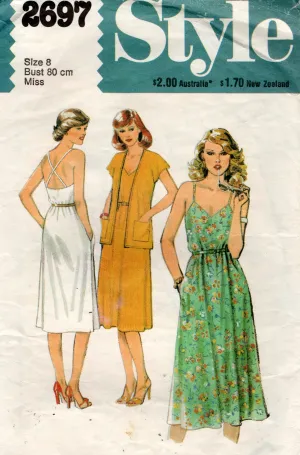 Style 2697 Womens Crossover Back Sundress & Short Sleeved Summer Jacket 1980s Vintage Sewing Pattern Size 8 or 10