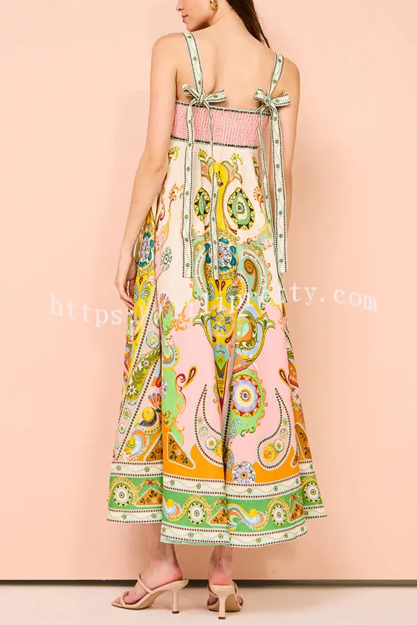 Summer Serenade Linen Blend Unique Print Tie-up Strap Smocked Pocketed Maxi Dress