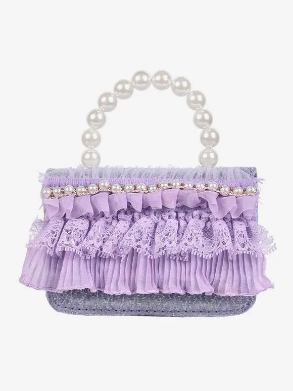 Sweet Lolita Bag White Lace Ruffles Pearls Handbag PU Leather Lolita Accessories