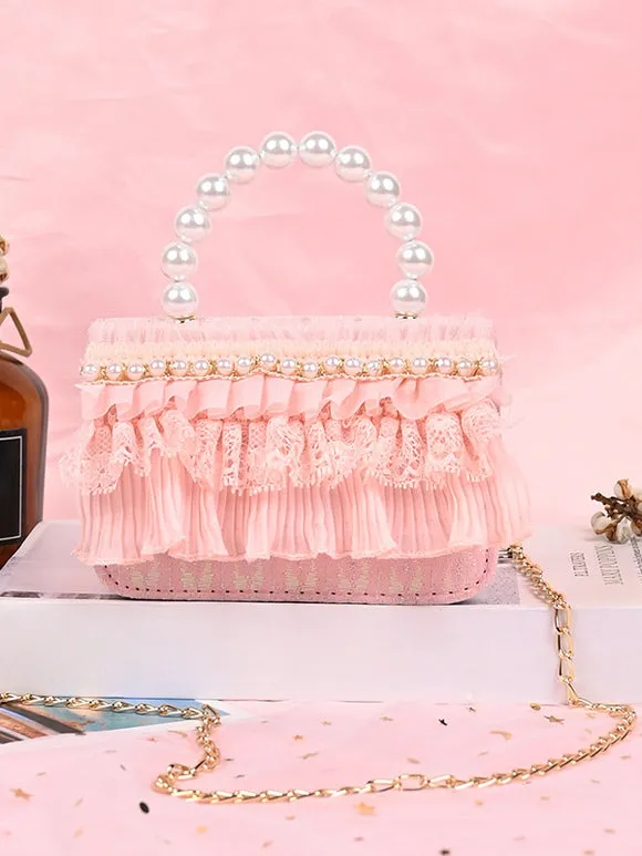 Sweet Lolita Bag White Lace Ruffles Pearls Handbag PU Leather Lolita Accessories