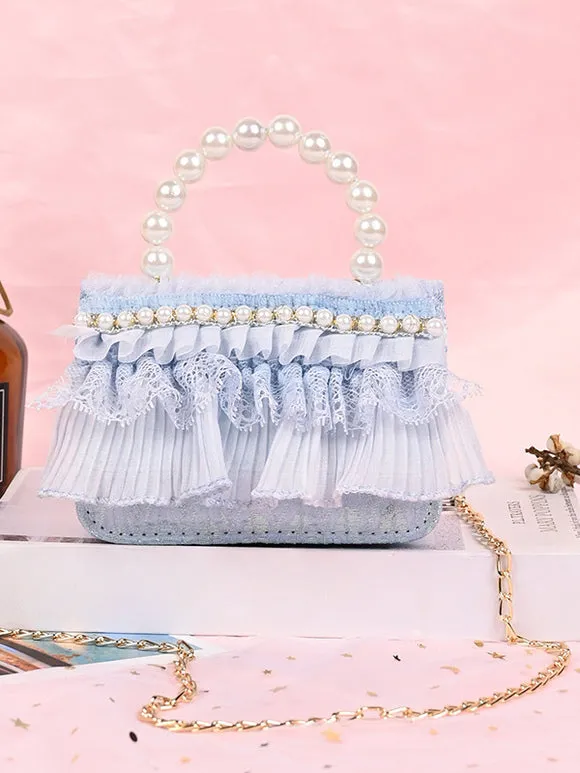Sweet Lolita Bag White Lace Ruffles Pearls Handbag PU Leather Lolita Accessories