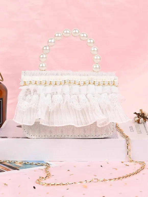 Sweet Lolita Bag White Lace Ruffles Pearls Handbag PU Leather Lolita Accessories