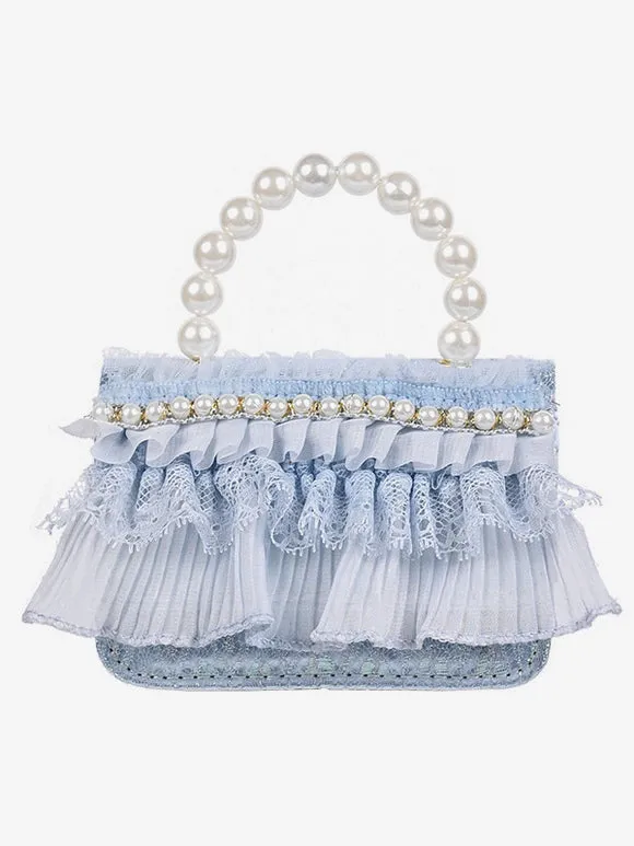 Sweet Lolita Bag White Lace Ruffles Pearls Handbag PU Leather Lolita Accessories