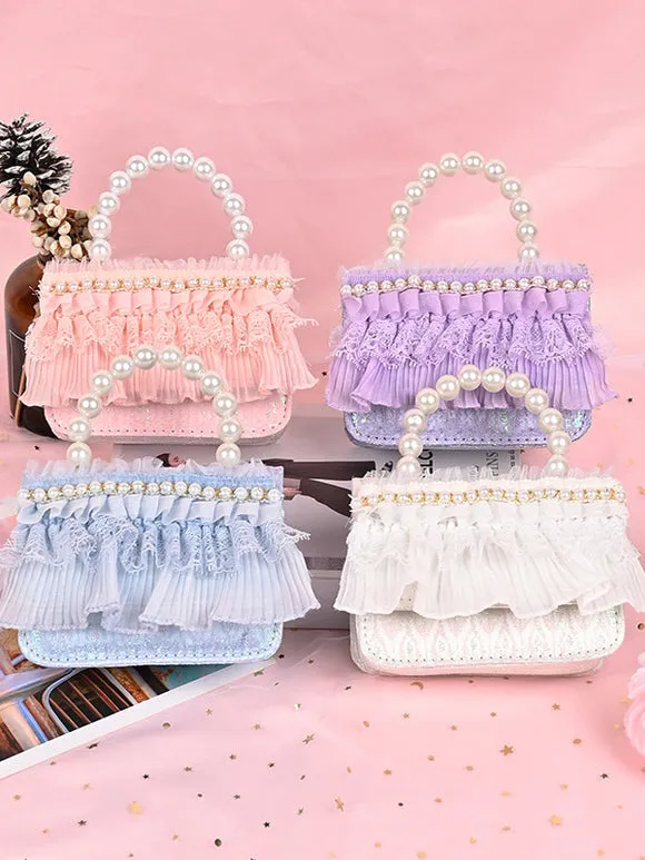 Sweet Lolita Bag White Lace Ruffles Pearls Handbag PU Leather Lolita Accessories