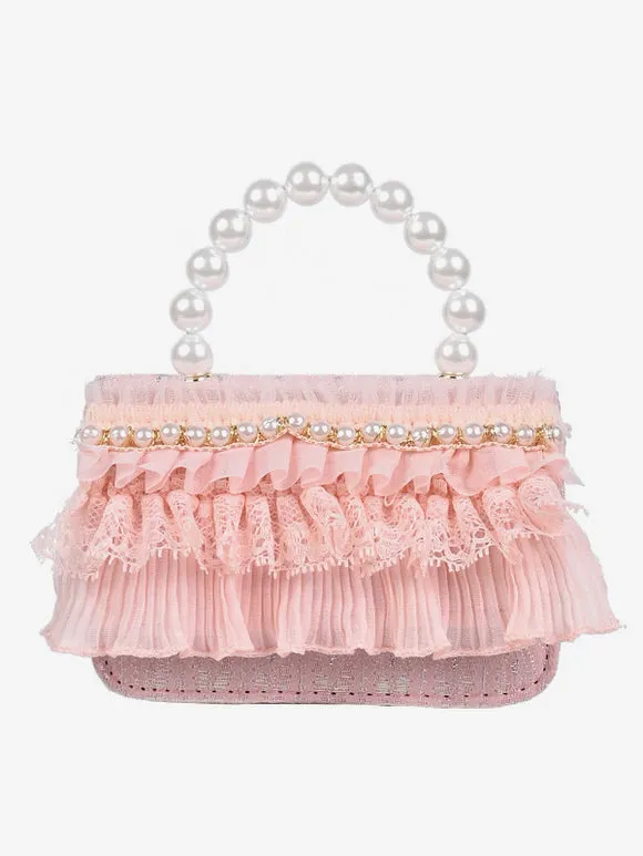 Sweet Lolita Bag White Lace Ruffles Pearls Handbag PU Leather Lolita Accessories