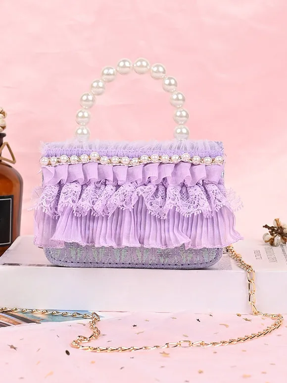 Sweet Lolita Bag White Lace Ruffles Pearls Handbag PU Leather Lolita Accessories