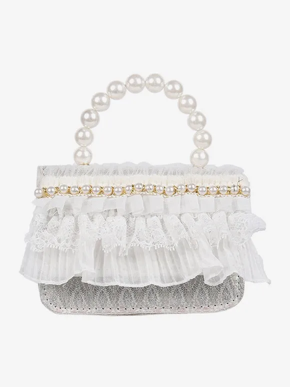 Sweet Lolita Bag White Lace Ruffles Pearls Handbag PU Leather Lolita Accessories