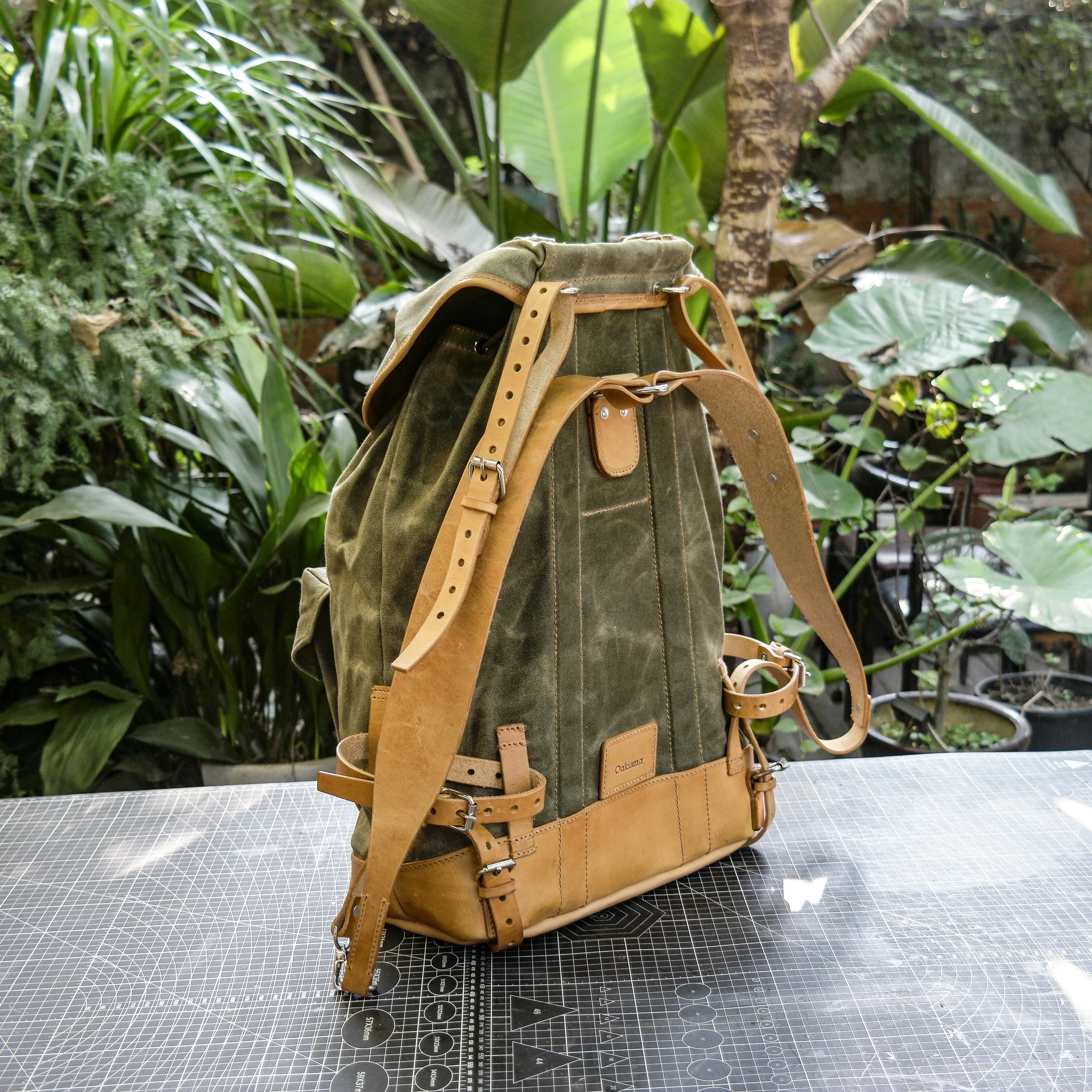 Swiss adventure vintage plant blend cowhide waxed canvas jungle hiking camping handmade backpack