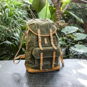 Swiss adventure vintage plant blend cowhide waxed canvas jungle hiking camping handmade backpack