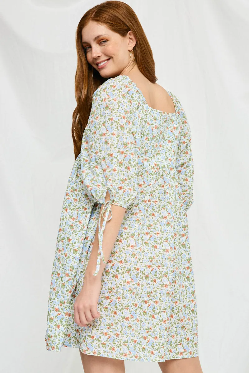 Tie Sleeve Square Neck Floral Tunic Dress