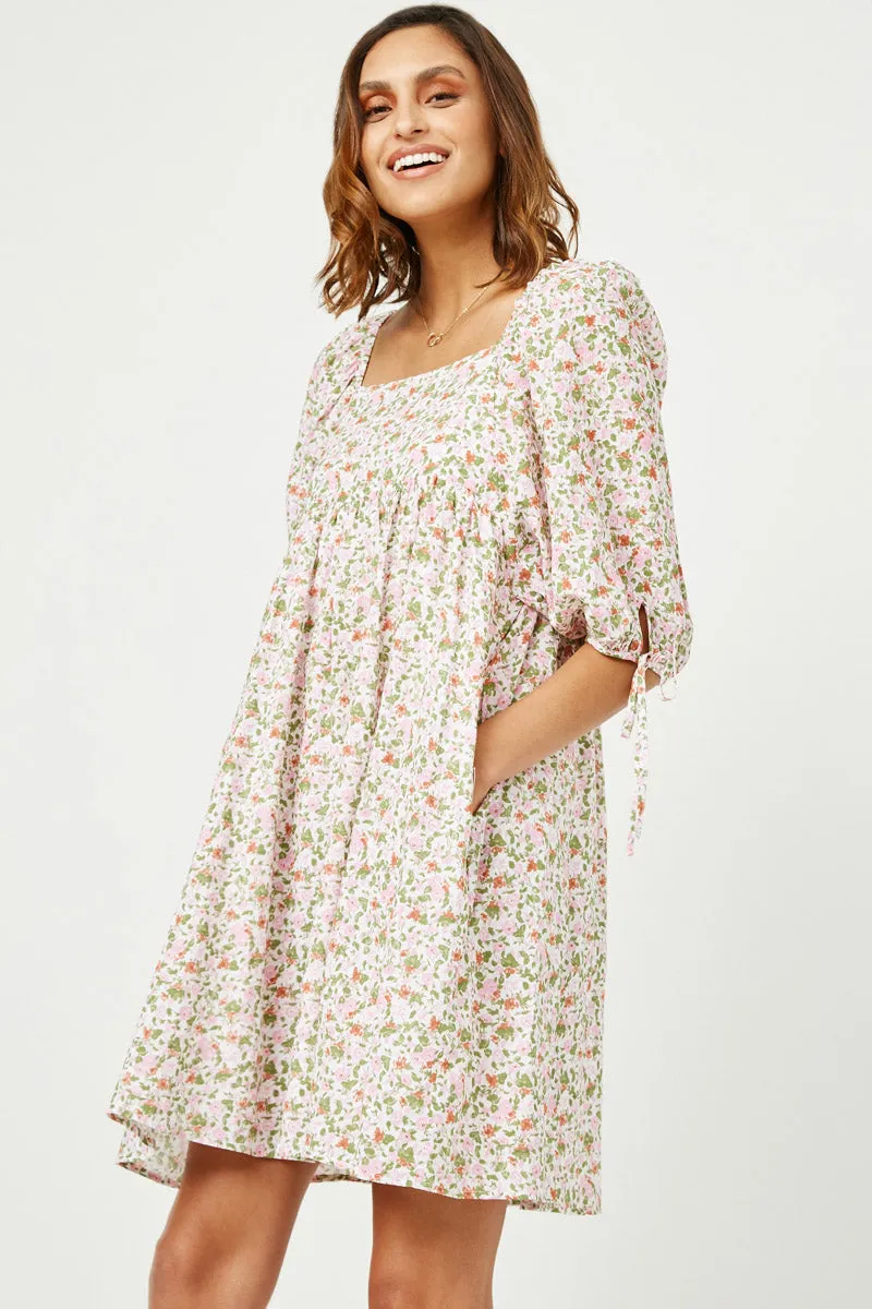 Tie Sleeve Square Neck Floral Tunic Dress