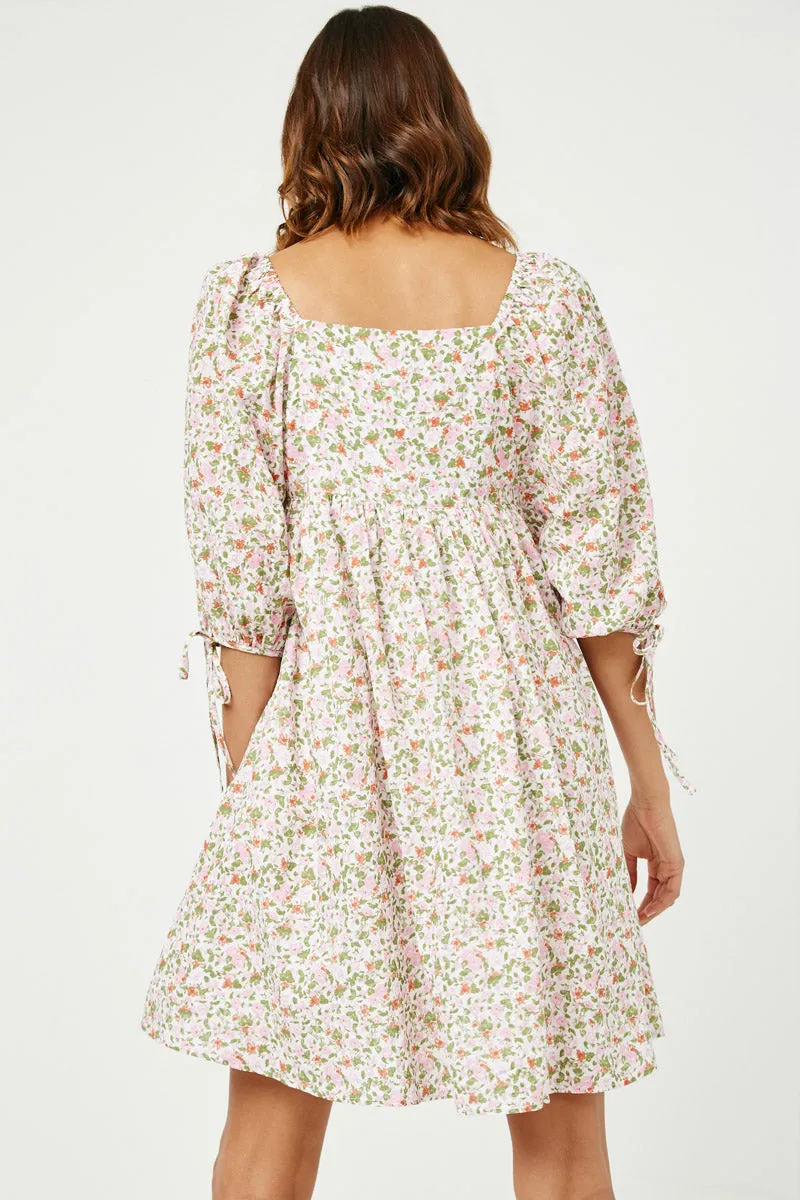 Tie Sleeve Square Neck Floral Tunic Dress