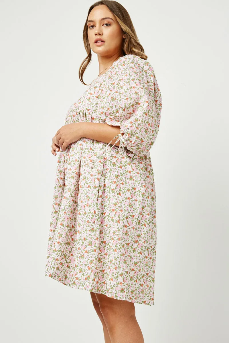 Tie Sleeve Square Neck Floral Tunic Dress