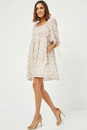 Tie Sleeve Square Neck Floral Tunic Dress