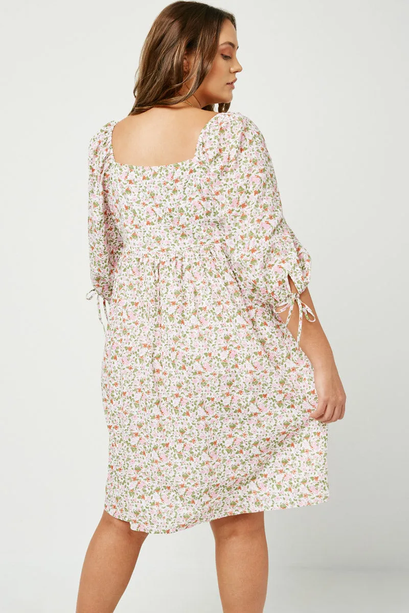 Tie Sleeve Square Neck Floral Tunic Dress