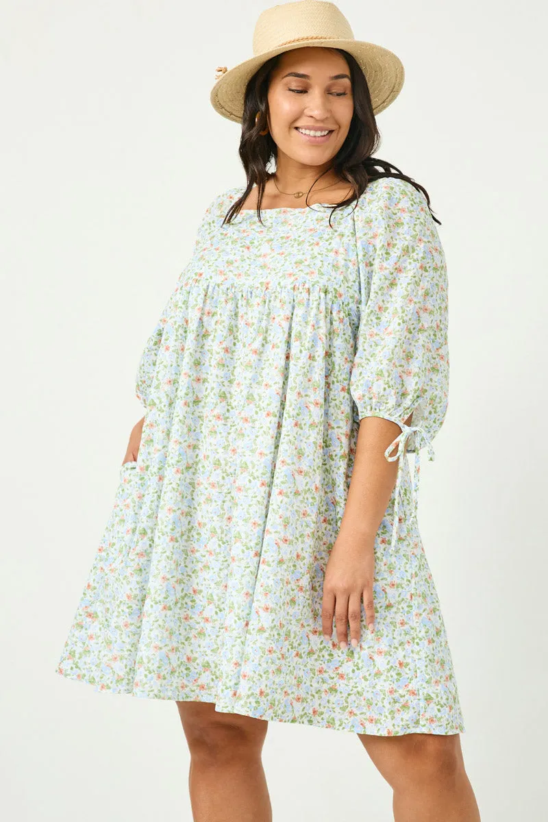 Tie Sleeve Square Neck Floral Tunic Dress