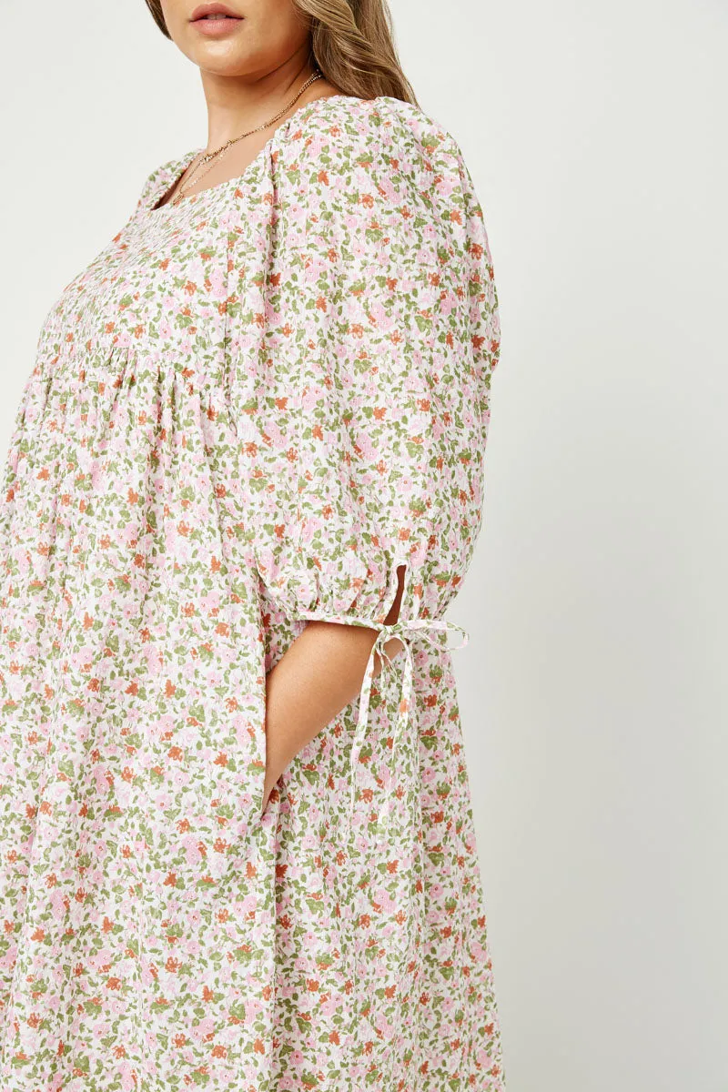 Tie Sleeve Square Neck Floral Tunic Dress