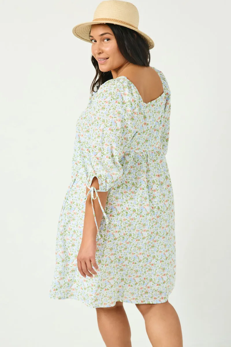 Tie Sleeve Square Neck Floral Tunic Dress