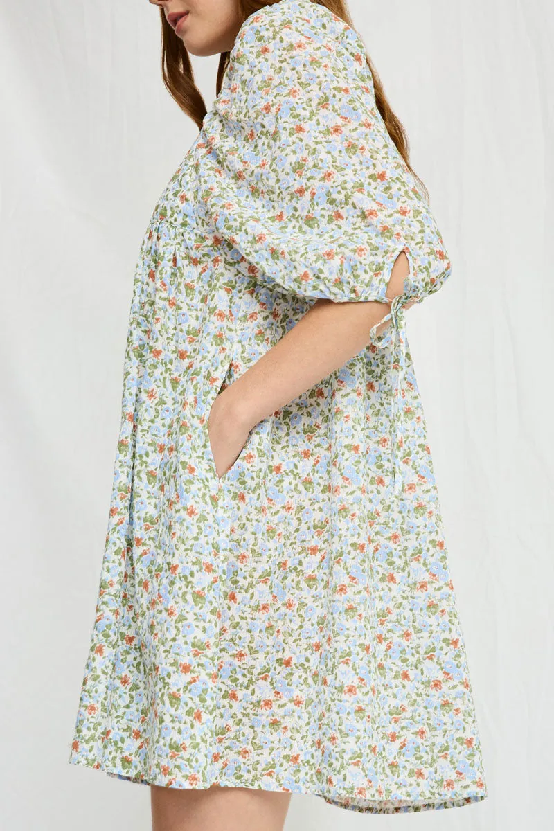 Tie Sleeve Square Neck Floral Tunic Dress