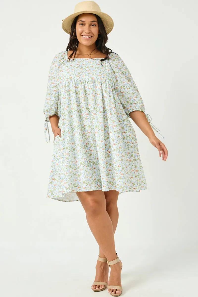 Tie Sleeve Square Neck Floral Tunic Dress