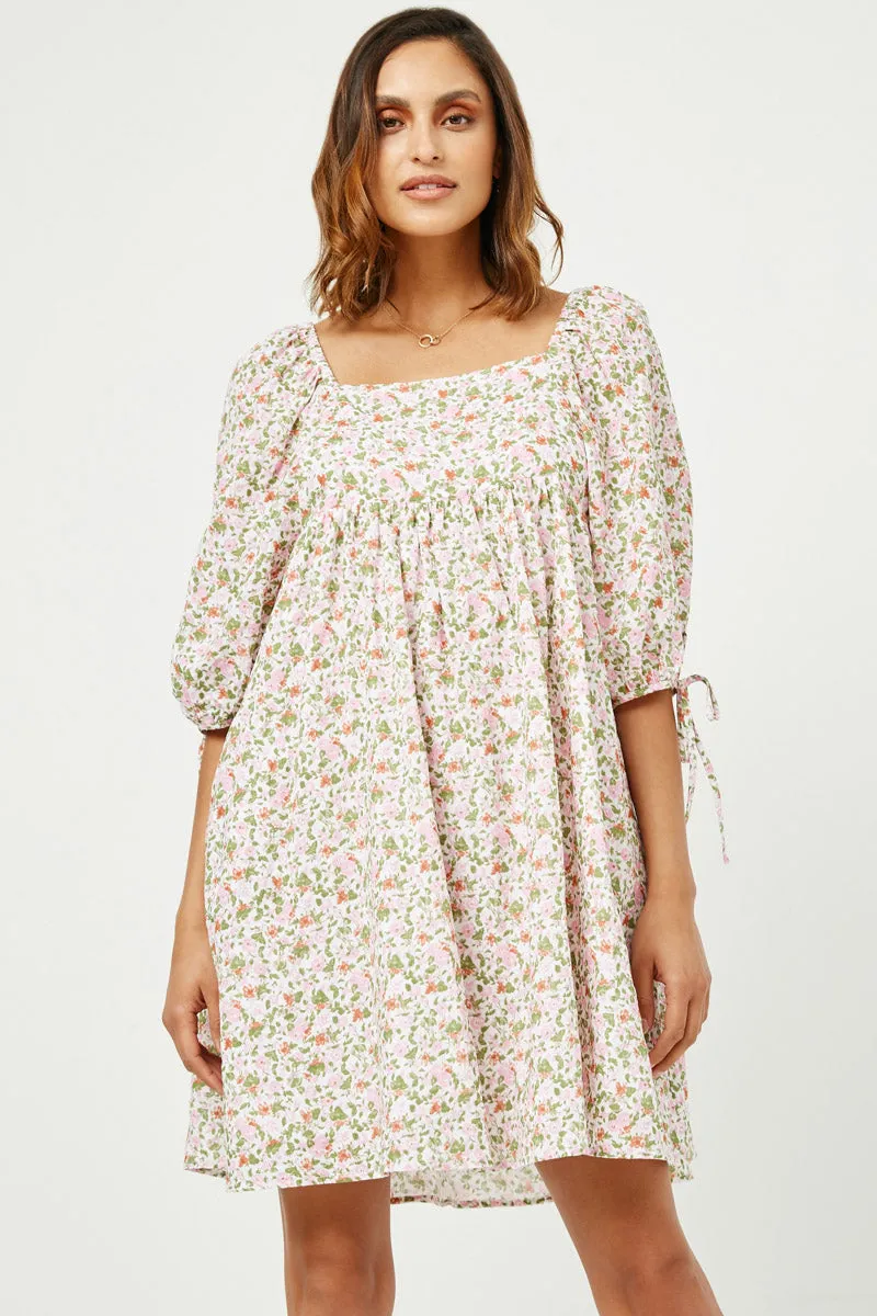 Tie Sleeve Square Neck Floral Tunic Dress